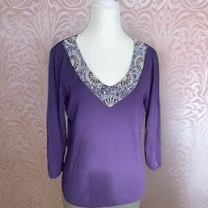 Sweater, EUC, beaded neckline, deep rich purple, 3/4 sleeve, sz Med